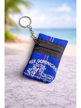 Rep. Dominicana Blue Fabric Keychain Coin Purse Tropical Zip
